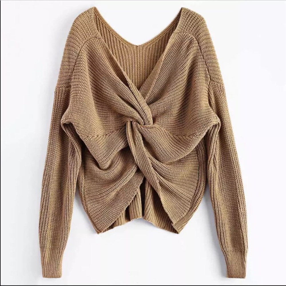 1 Left! Twist Knot Back Fall Sweater In Grey - Picture 5 of 6